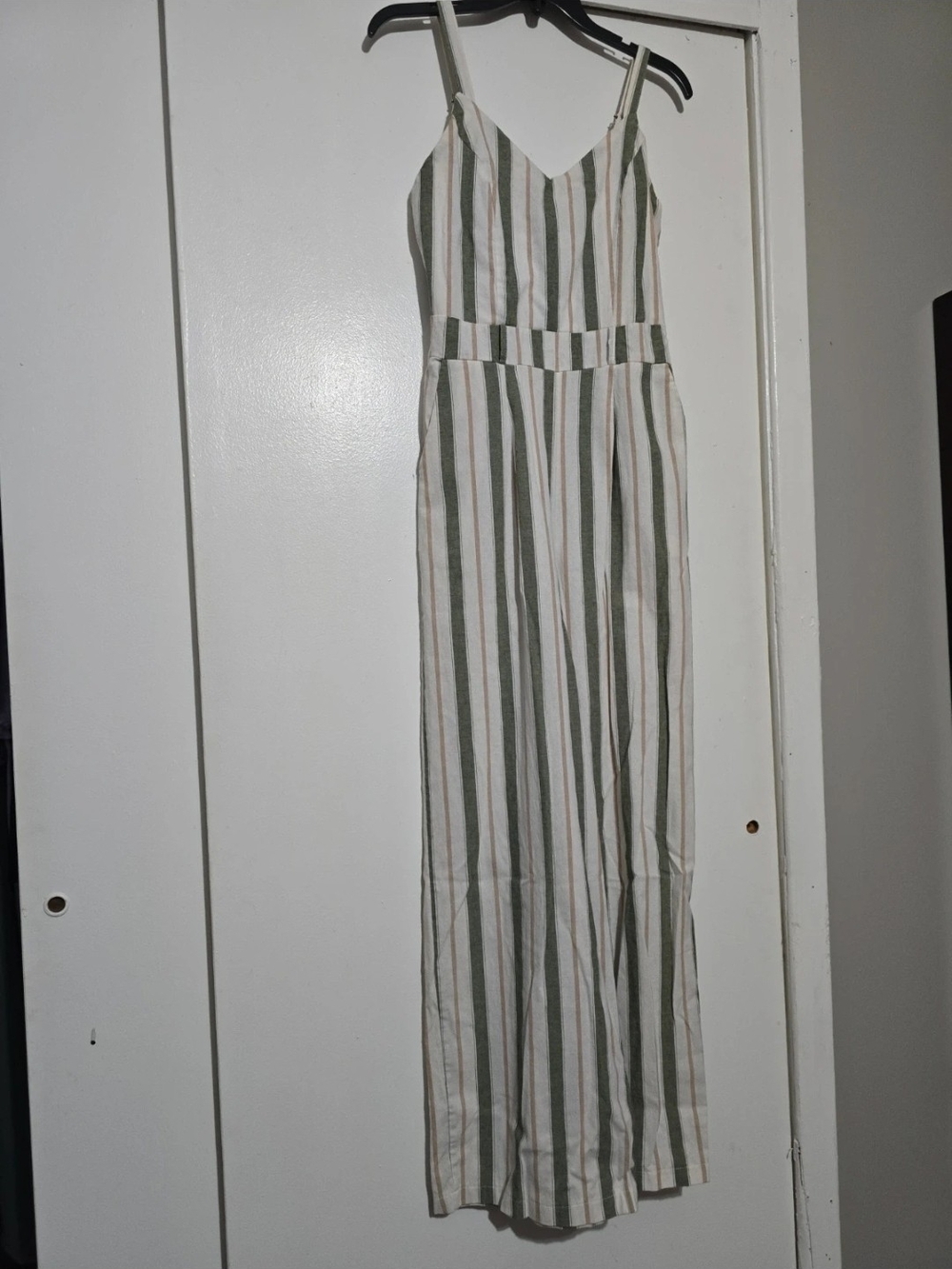 Striped Green and White Spaghetti-Strap Jumpsuit